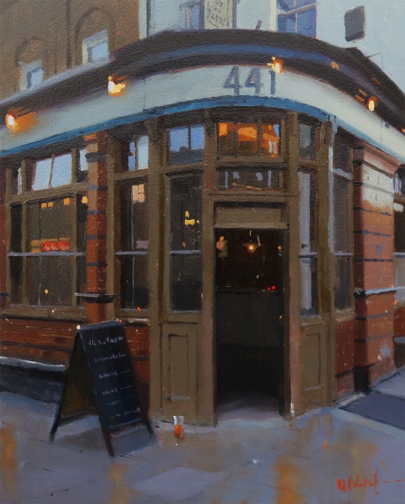Saturday Afternoon at the Sun Tavern, Bethnell Green by Michael Ashcroft showing the entrance to the pub.