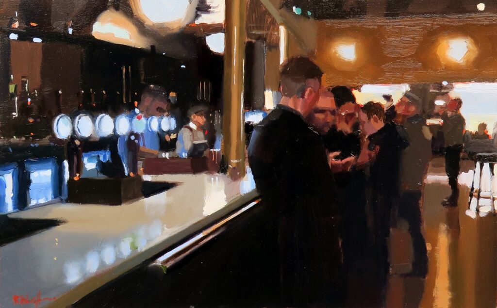 The Conversation by Michael Ashcroft showing an animated conversation in a bar in Manchester.