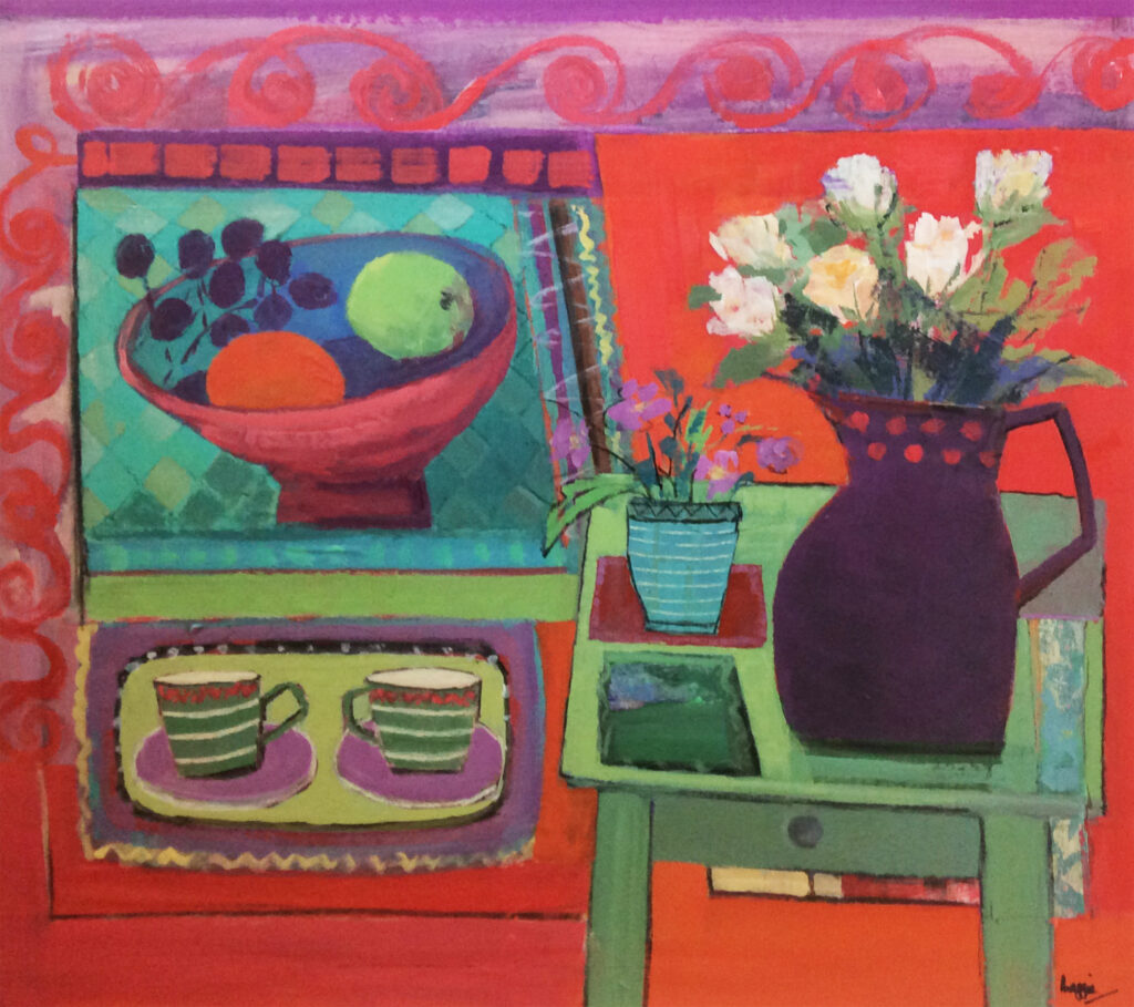Abstract still-life with fruit bowl, tea cups and vase with flowers