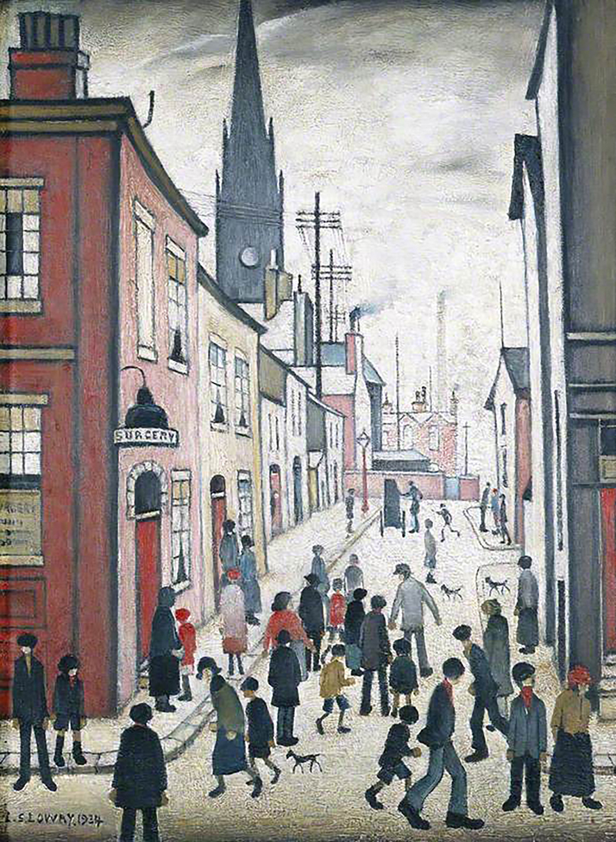 An Organ Grinder (1934) by L. S. Lowry. Collection of Manchester Art Gallery.